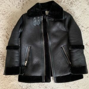 Black faux leather aviator jacket with faux fur trim